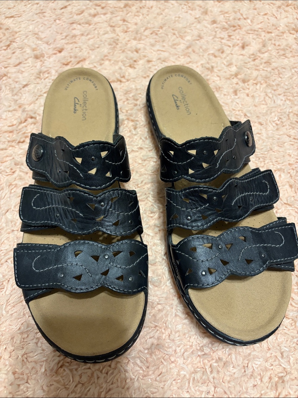 NWOT Clarks Laurieann Exho Black Leather Ultimate Comfort Slide Sandal Sz 9.5M